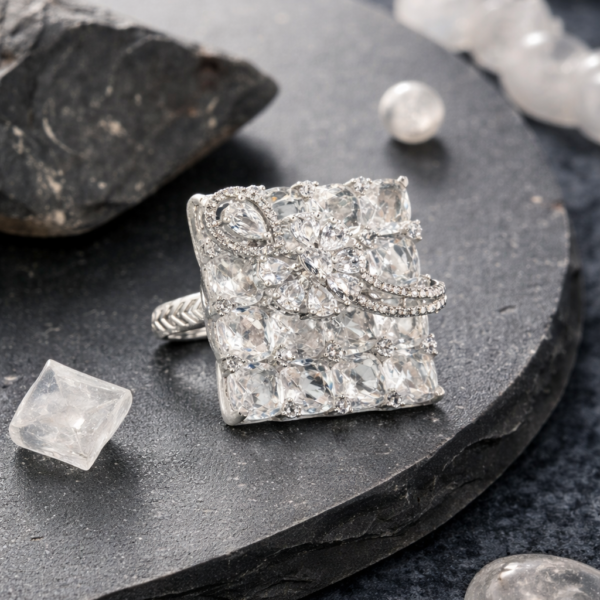 Crystal Cascade Silver Statement Ring