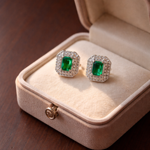 Emerald Cut Halo Studs