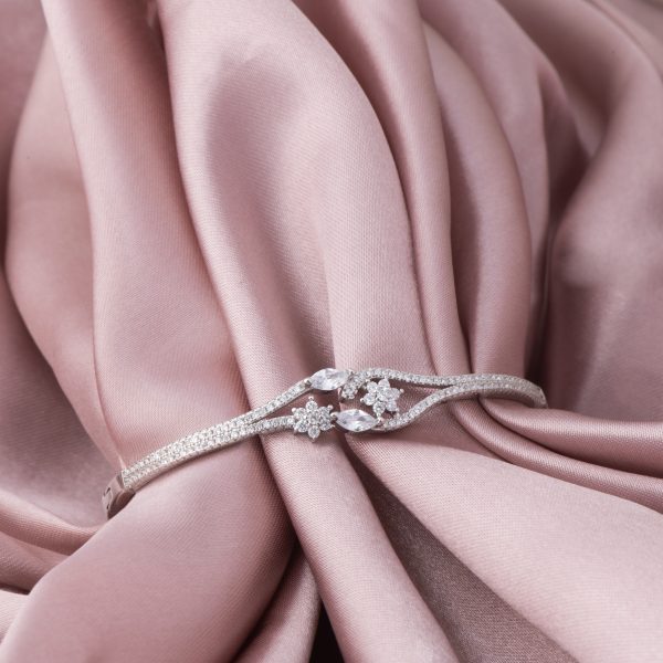 Floral Diamond Studded Silver Kada