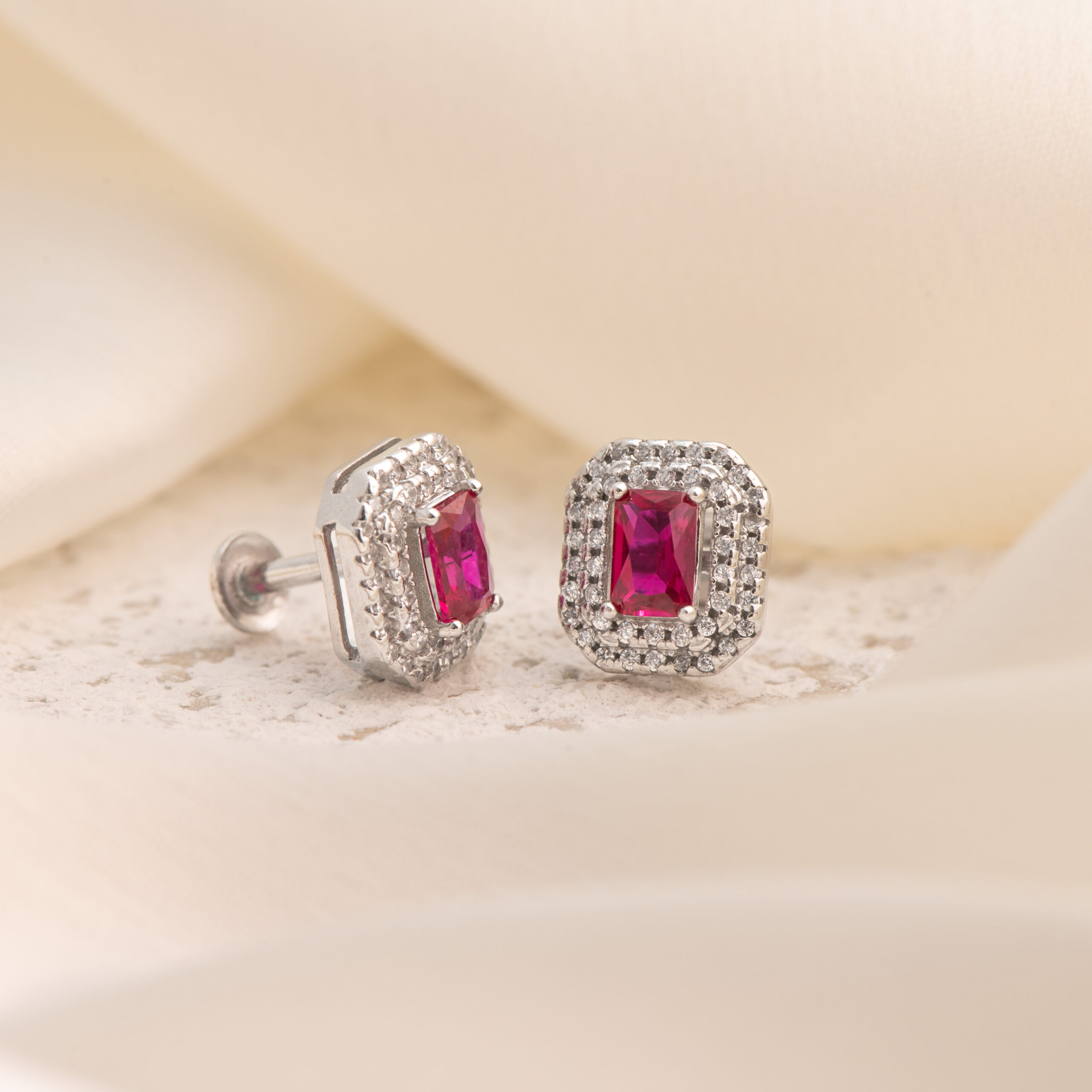 Pink Ruby Cut Halo Radiance Studs